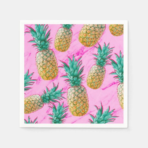 Fun Tropical Pineapples  Pink Marble Chic Party Paper Napkins