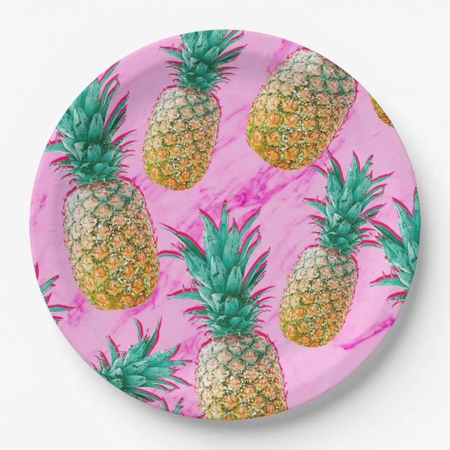 Fun Tropical Pineapples & Pink Marble Chic Party Paper Plates (Front)
