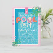 Fun Tropical Pink & Blue Illustrative Pool Party Invitation (Standing Front)