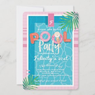 Fun Tropical Pink & Blue Illustrative Pool Party Invitation