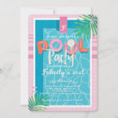 Fun Tropical Pink & Blue Illustrative Pool Party Invitation (Front)