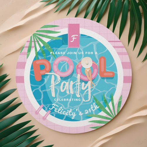 Fun Tropical Pink  Blue Illustrative Pool Party Invitation