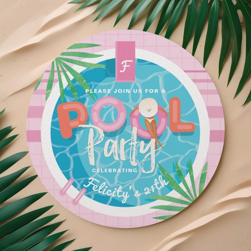 Fun Tropical Pink  Blue Illustrative Pool Party Invitation
