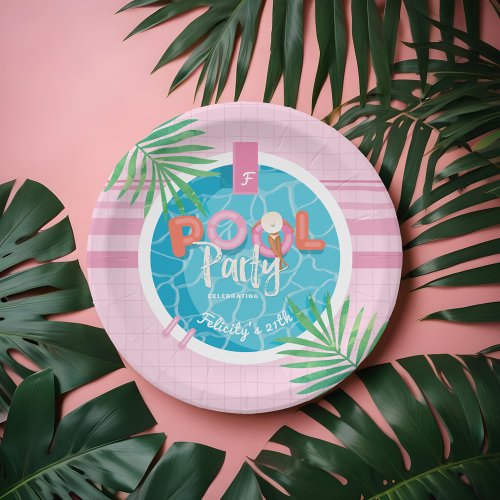 Fun Tropical Pink  Blue Summertime Pool Party Paper Plates
