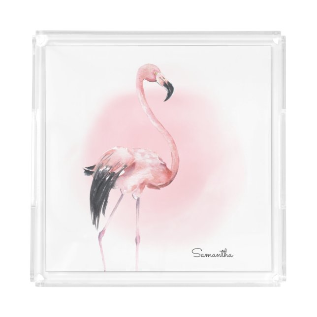 Fun Tropical Pink Flamingo with Name Acrylic Tray (Front)