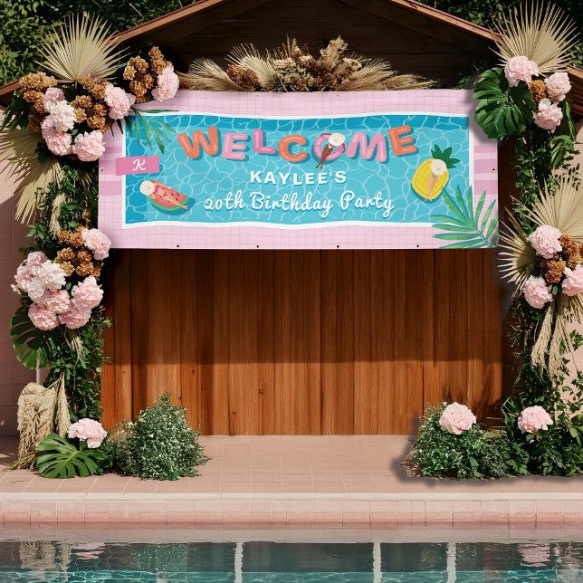 Fun Tropical Pink Pool Birthday Party Welcome Banner (Fun Tropical Pink Pool Birthday Party Welcome Banner)