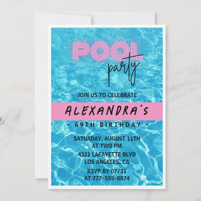 Fun Tropical Pink Pool party 69th birthday Invitation (Front)