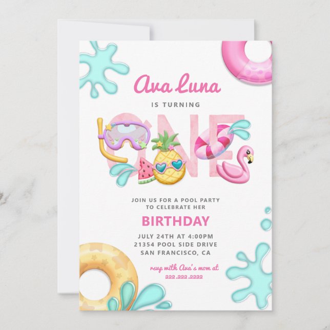 Fun Tropical Summer Beach Girl 1st Birthday Photo Invitation (Front)