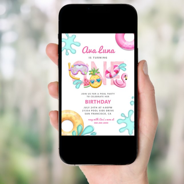 Fun Tropical Summer Beach Girl 1st Birthday Photo Invitation (Front Digital)