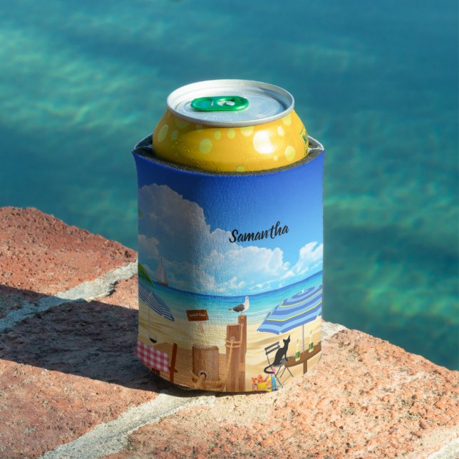 Fun tropical summer beach restaurant personalized can cooler (In Situ Pool)