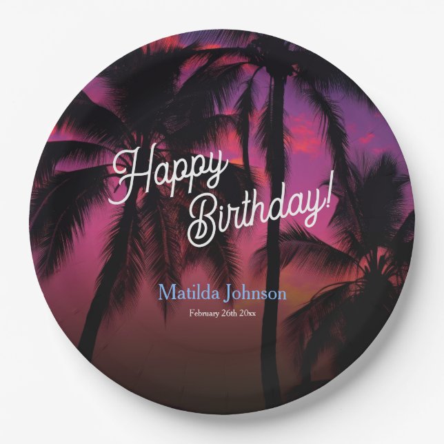 Fun Tropical Sunset Luau Birthday Party Paper Plates (Front)