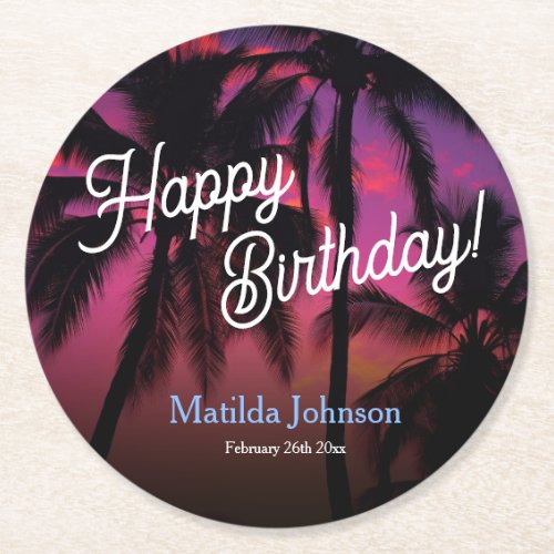 Fun Tropical Sunset Luau Birthday Party Round Paper Coaster