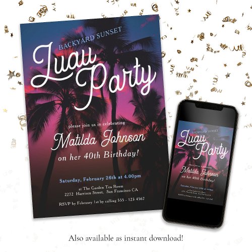 Fun Tropical Sunset Luau Party 40th Birthday Party Invitation