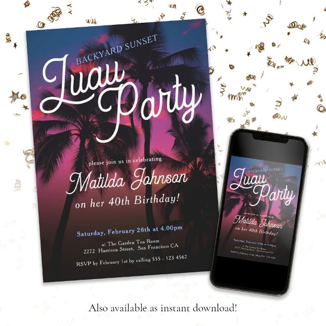 Fun Tropical Sunset Luau Party 40th Birthday Party Invitation (40th Birthday Tropical Sunset Luau Party Invitation)
