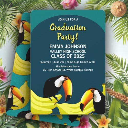 Fun Tropical Teal Bananas Toucans Graduation Party