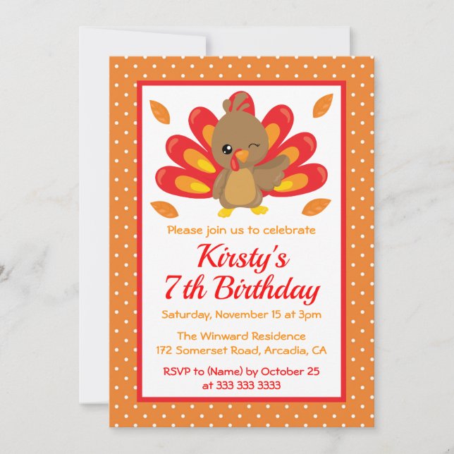 Fun Turkey Thanksgiving Birthday Invitation (Front)