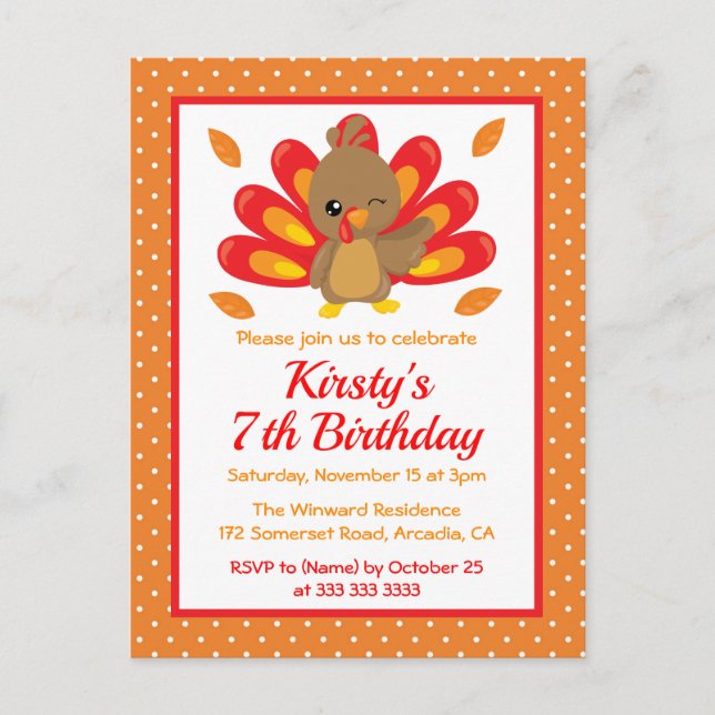 Fun Turkey Thanksgiving Birthday Invitation Postcard (Front)