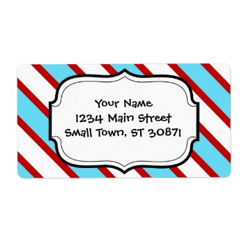 Fun Turquoise Blue Red And White Diagonal Stripes Label by PrettyPatternsGifts at Zazzle