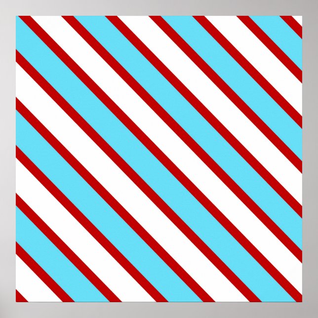 Fun Turquoise Blue Red and White Diagonal Stripes Poster (Front)