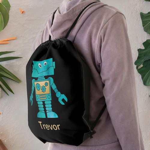 Fun Turquoise Robot on Black Drawstring Bag
