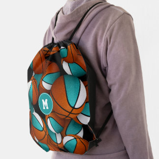 fun turquoise white basketballs pattern drawstring bag