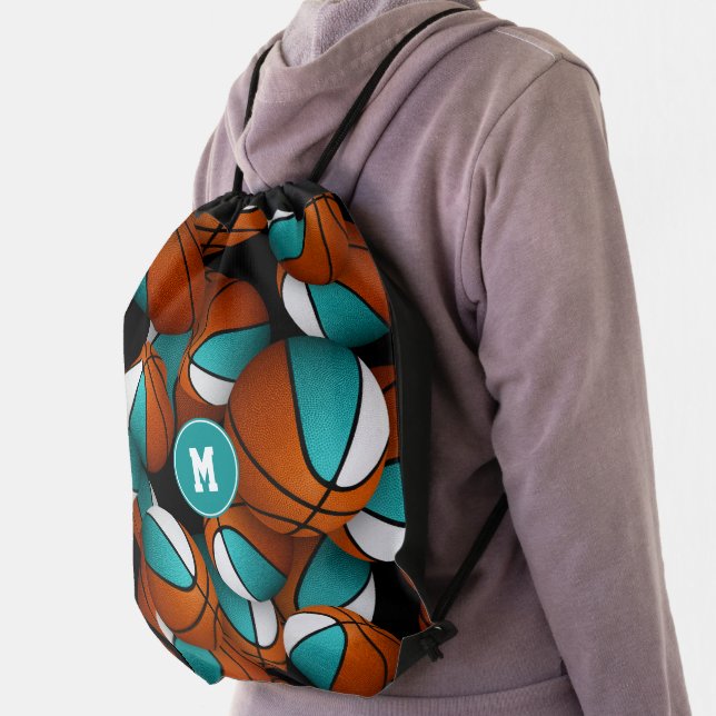fun turquoise white basketballs pattern  drawstring bag (Insitu)