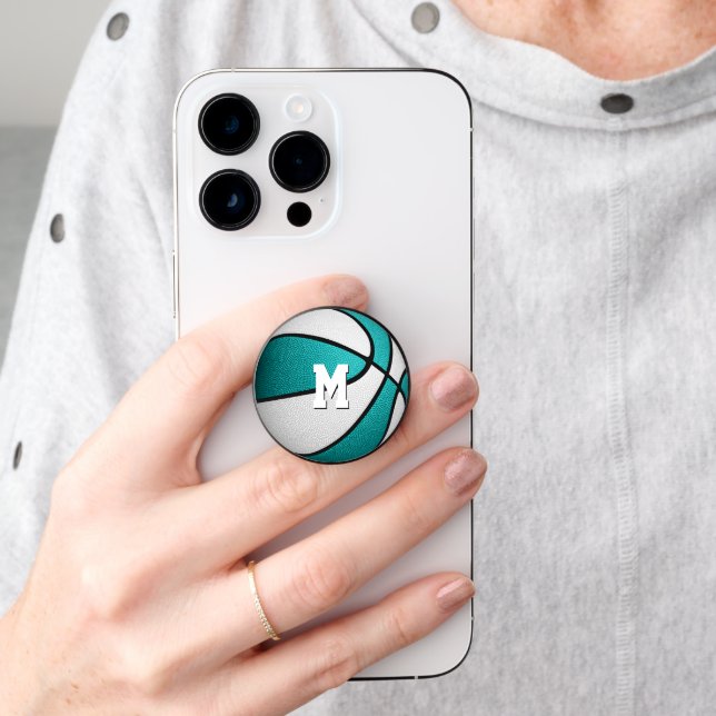 fun turquoise white girls basketball monogrammed PopSocket (Hand)