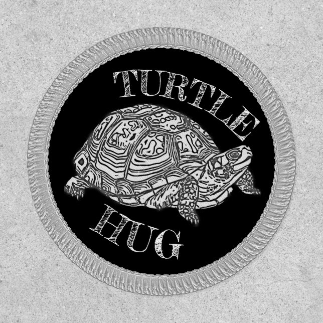 Fun Turtle Hug Black and White Animal Illustration Patch (Front)