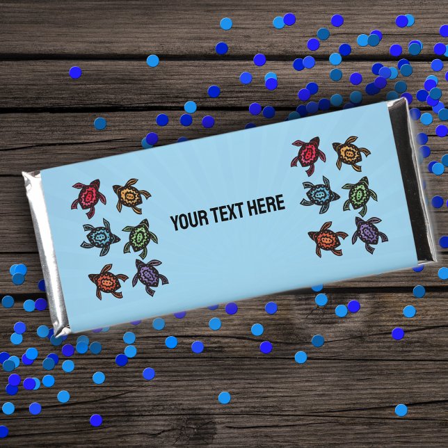 Fun Turtles Various Colours Abstract Markings Blue Hershey Bar Favors (Bunch colourful turtles abstract marked shells in various colours on blue Hershey Bar candy favors.)