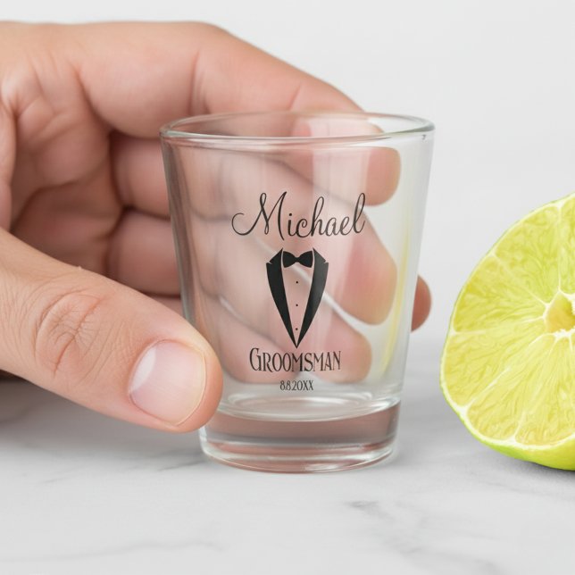 fun tuxedo & bow groomsman personalized  shot glass (Creator Uploaded)
