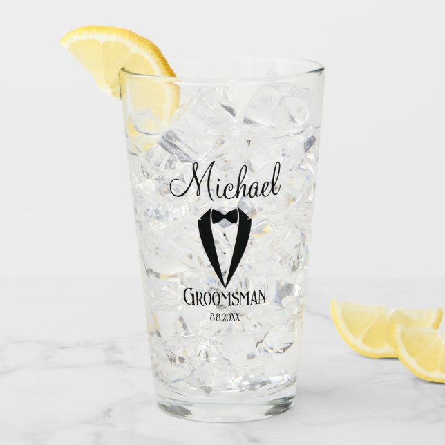 fun tuxedo groomsman personalized stylish glass (Front Ice)