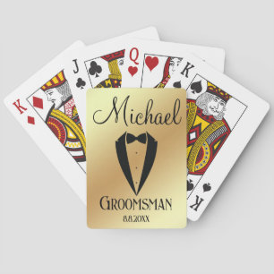 fun tuxedo with bow groomsman personalized gold poker cards