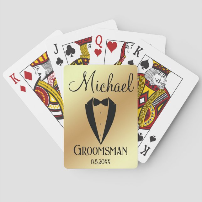 fun tuxedo with bow groomsman personalized gold poker cards (Back)