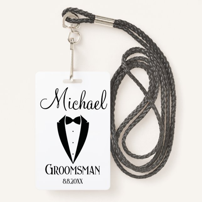 fun tuxedo with bow groomsman personalized modern badge (Front with Lanyard)