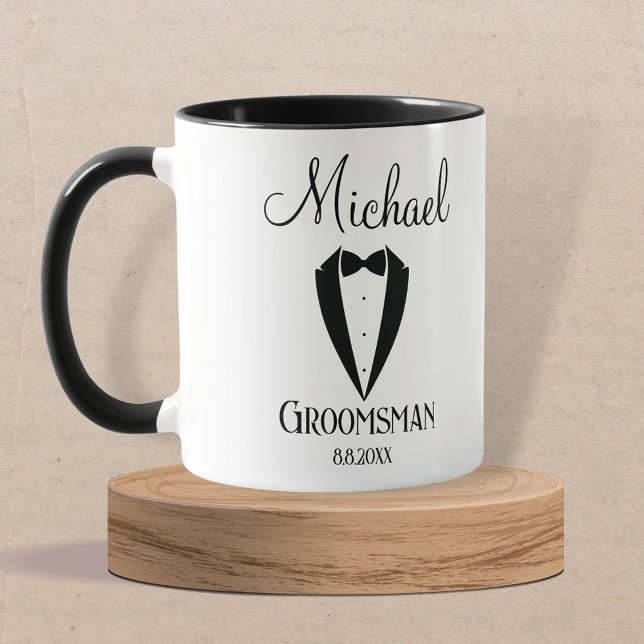 fun tuxedo with bow groomsman personalized  mug (Creator Uploaded)