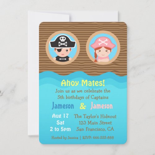 Fun Twins Pirate Theme Birthday Party Invitation