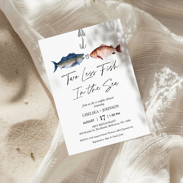 Fun Two Less Fish In The Sea Bridal Couples Shower Invitation (Funny Two Less Fish In The Sea Couples Shower Invitation, Fish Hook Couples Shower Invite Fun )