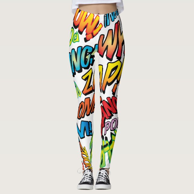Fun Typographic Comic Book Pop Art Sounds Leggings (Front)