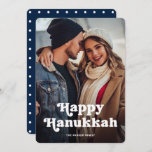 Fun Typography | Blue and White Dots with Photo Holiday Card<br><div class="desc">This fun and stylish card says "Happy Hanukkah" in cute retro boho typography,  with your favorite personal photo. The back of the card is blue with white polka dots.</div>