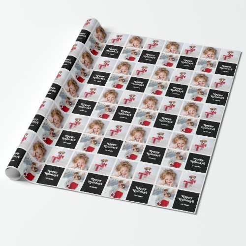 Fun Typography  Happy Holidays Black Photo Grid Wrapping Paper