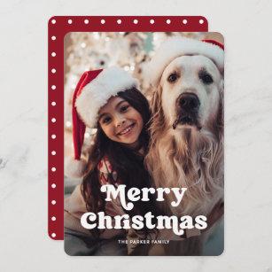 Fun Typography   Red and White Dots with Photo Holiday Card