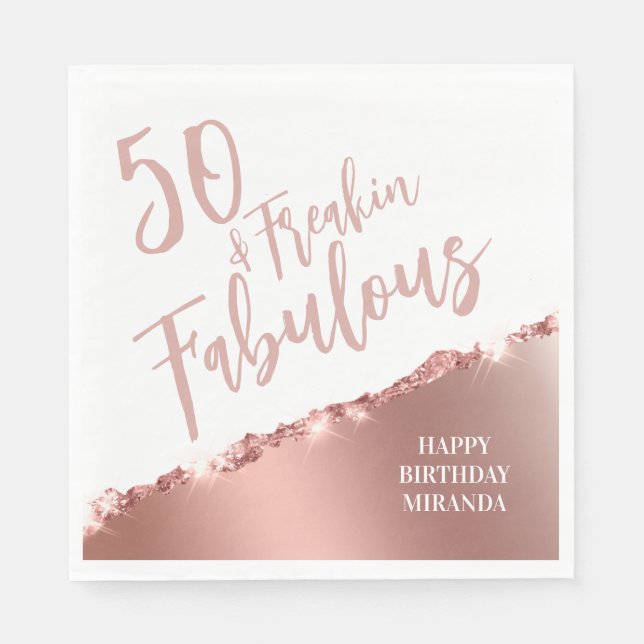 Fun Typography Rose Gold Fifty & Fabulous Birthday Napkins (Front)