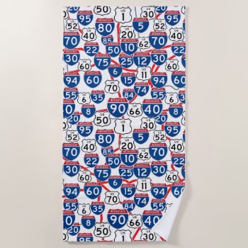 Fun U.s. Highway Signs And Map Random Pattern Beach Towel by judgeart at Zazzle