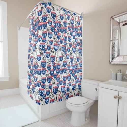 Fun US Highway Signs and Map Random Pattern Shower Curtain