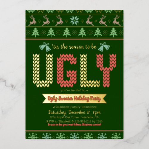 Fun Ugly Sweater Christmas Holiday Party Real Gold Foil Invitation Postcard