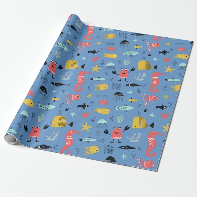 Fun under the sea cute cartoon ocean animals blue wrapping paper (Unrolled)