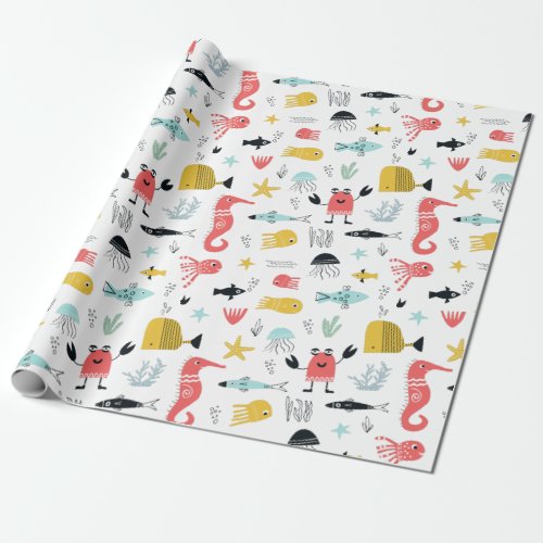 Fun under the sea cute cartoon ocean animals wrapping paper