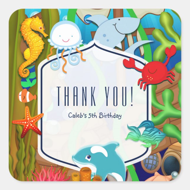 Fun under the sea kids birthday party favor square sticker (Front)