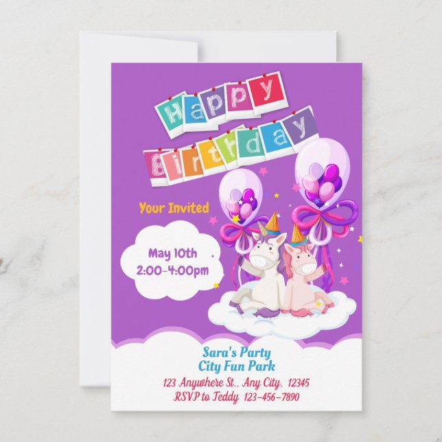 Fun Unicorn Balloon Birthday Invitation  (Front)