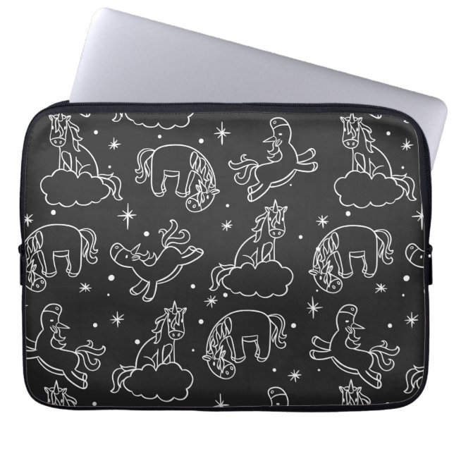 Fun Unicorn Drawings on Black Laptop Sleeve (Front)
